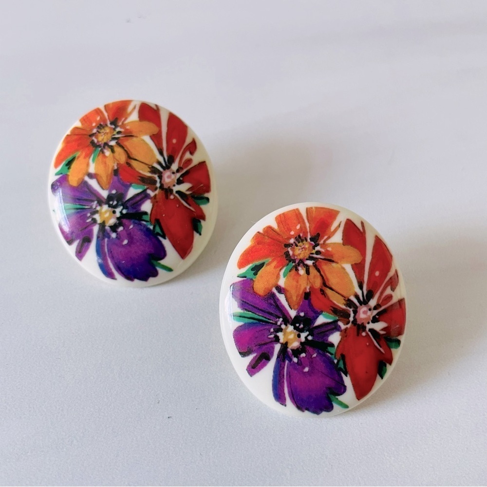 Avon Passion Flower Earrings Purple Orange Red Flowers Floral- Vintage- 1989